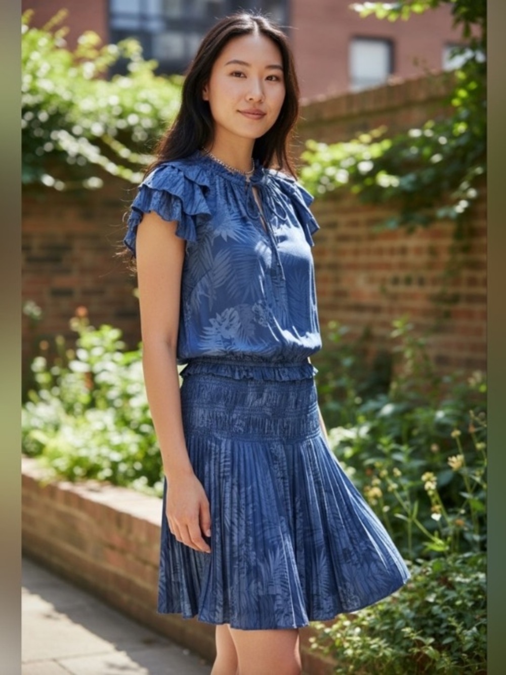Current Air Blue tropical jacquard Short Ruffle Dress with Smocked Waist 🆕